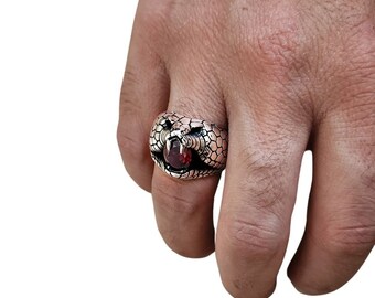 Vintage 9k Gold Double Head Snake Ring, Ruby Dual Serpent in