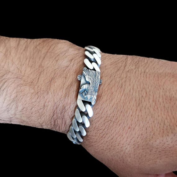 Mens Solid Silver Eagle Bracelet ,925 Sterling Silver,cuban