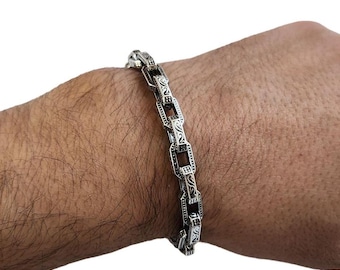 Men&#39;s Anchor Chain Bracelet,Oxidised Solid Silver Jewelry for Men,Unique Cable Chain Bracelet for Men,Intricate Bracelet