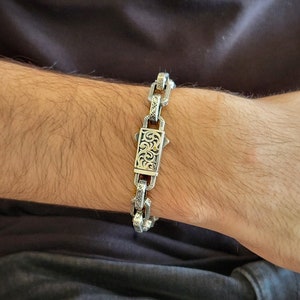 Stylish and Rugged Sterling Silver Cable Chain Bracelet for Men with Intricate Pattern and Safe Button Clasp-Unique Gift for Him