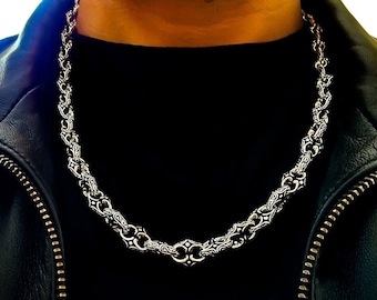 Mens Unique Chain Link Necklace in 925 Sterling Silver,Solid Oxidised Silver, Intricate Design,9mm Wide,18"-30",Thick&Heavy,Statement Piece