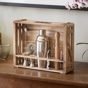 Cocktail Shaker Set: 12-Piece Bartender Kit with Rustic Wood Stand