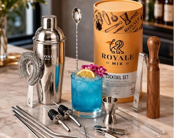 Cocktail Shaker Gift Set & Bartender Tool Kit with Acacia Wood Muddler, Reusable Stainless Steel Straws and Cocktail Picks.