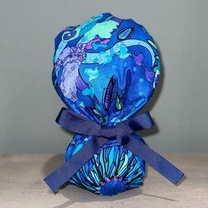 Satin Lined Ponytail Scrub Cap-  Dragonflies Blue
