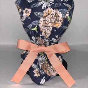 Satin Lined Ponytail Scrub Cap- Blue Floral