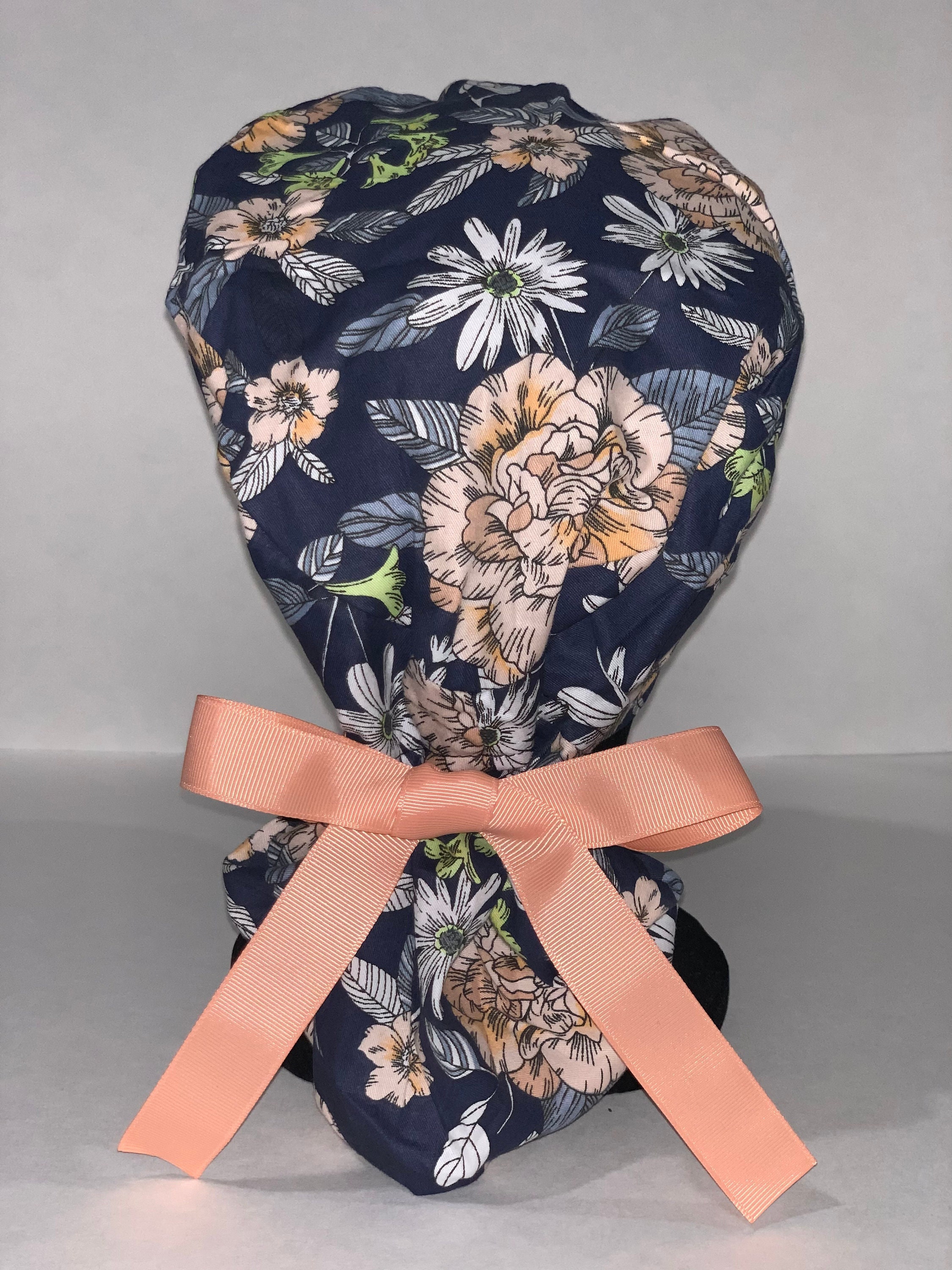 Satin Lined Ponytail Scrub Cap- Blue Floral