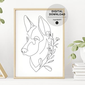 German Shepherd Line Art Print: Floral Dog Drawing (Digital Download)