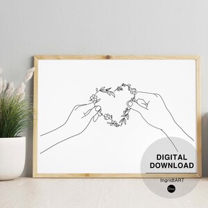Lovers hands line drawing, valentines gift, romantic decor, flower line art, love line art, printable wall art | instant digital download