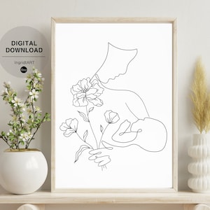 Mother and Baby Line Art Print: Floral Breastfeeding Drawing (Digital Download)