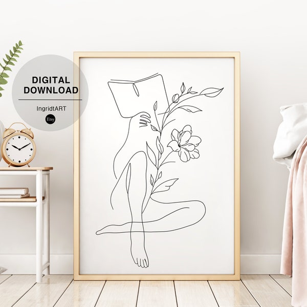 Mujer leyendo libro línea arte, arte de línea corporal femenina, arte de inspiración, arte de línea de flores, dibujo imprimible, decoración acogedora / descarga digital instantánea