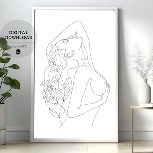 May include: A black and white line drawing of a woman with her arm raised above her head, with flowers behind her.