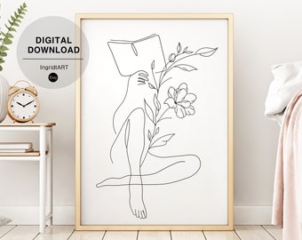 Arte della linea del libro di lettura della donna, arte della linea del corpo femminile, arte dell'ispirazione, arte della linea di fiori, disegno stampabile, arredamento accogliente / download digitale istantaneo