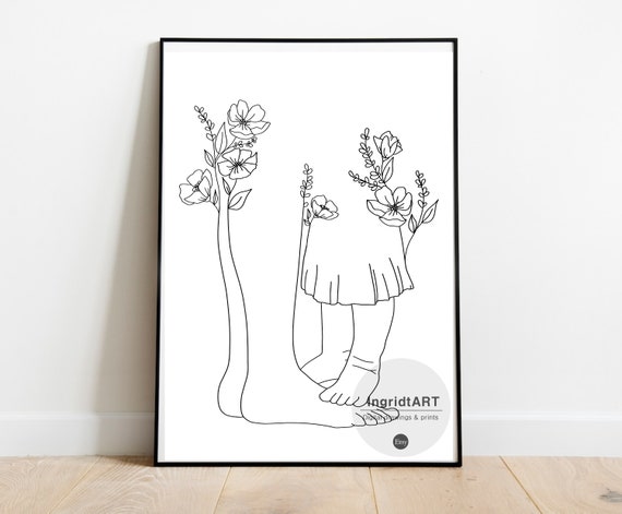 Mother and Daughters Art, Line Art, Family Print, Line Drawing