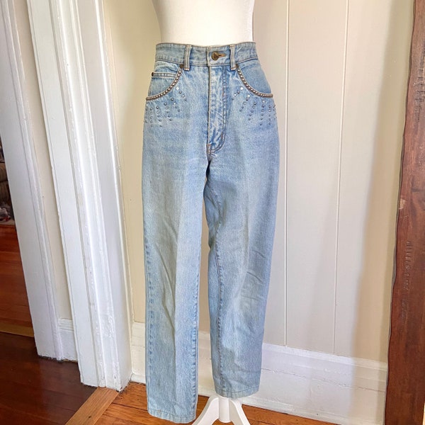 Vintage 1980’s Pepe Rhinestone Stud Embellished High Waisted Jeans | size 25 | Indigo Denim Cotton | Rare