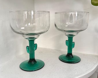 ヴィンテージのLibbey製サボテンの茎をモチーフにしたマルガリータグラス2個セット