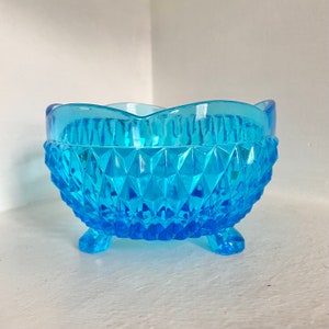 Vintage Diamond Point Regal Blue Tri-Footed Glass Bon Bon Dish | Catchall