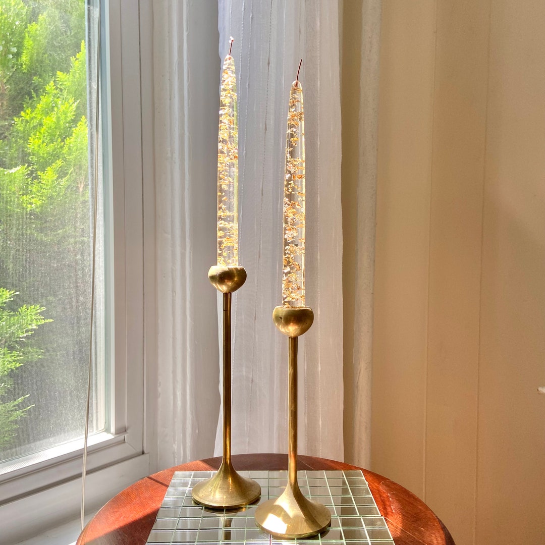 Pair of Vintage Clear Lucite Taper Candles Candlesticks Decorative Gold