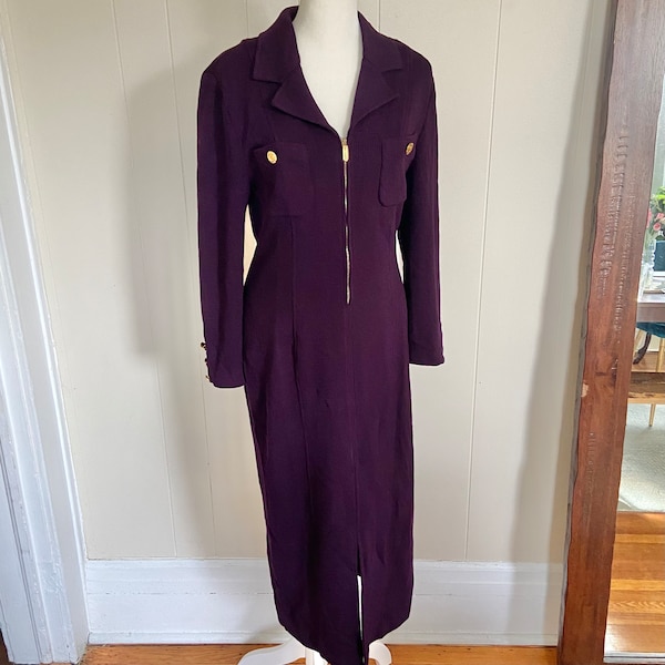 Rare Vintage 1990’s St. John by Marie Gray Midi Long Sleeve Dress | Gold Zipper Buttons