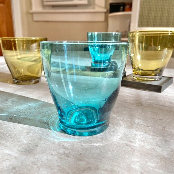 4 Verres Vintage Bleu Et Brun - Lot Idéal Pour Ambiance Rétro