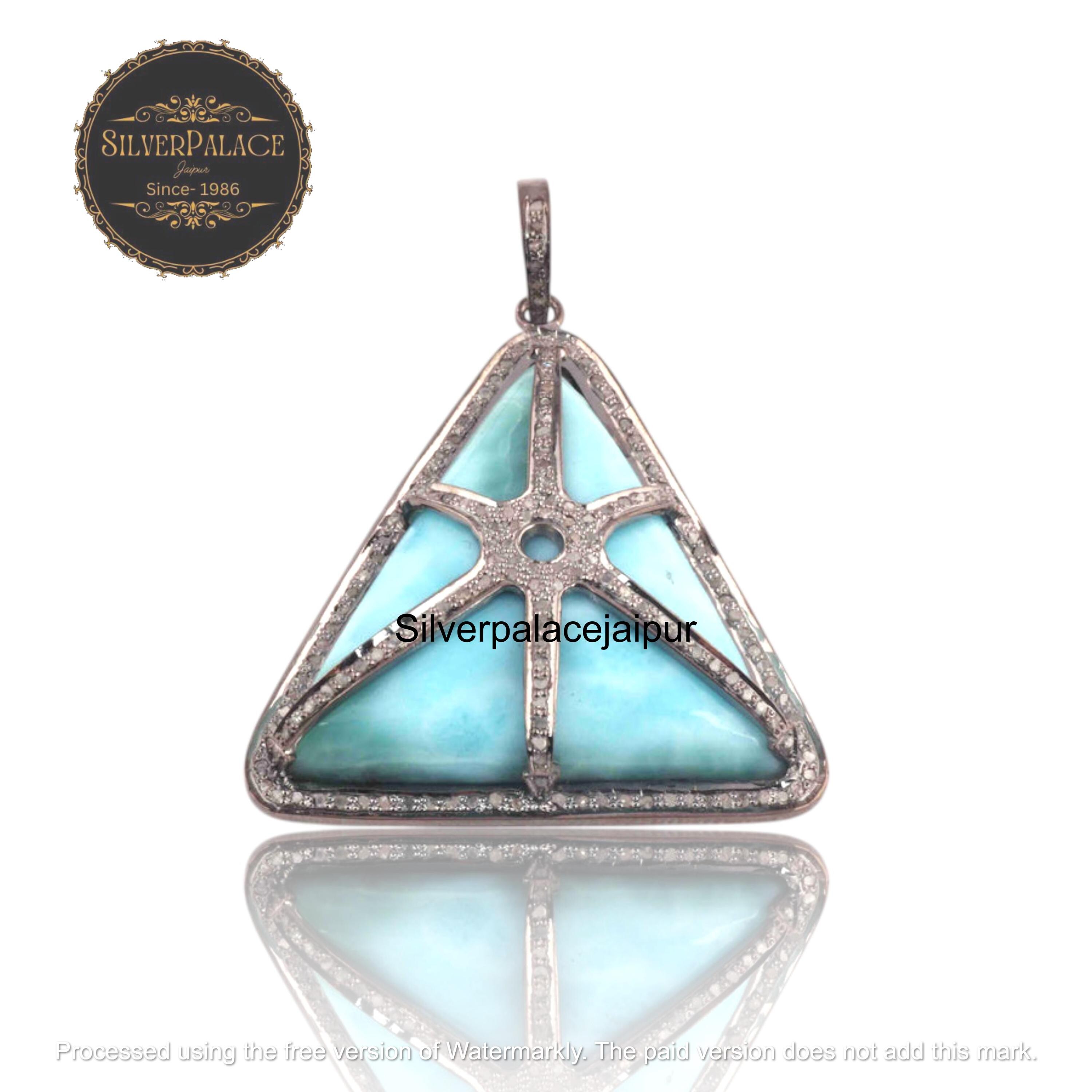 週末限定価格 ラリマー 三角形ペンダントネックレス ラリマー トライアングル ペンダント: パヴェ ダイヤモンド フレーム