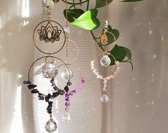 LOTUS Sun catcher natural stones and crystal faceted ball - Mobile Feng Shui - Home Decor - Zen gift idea
