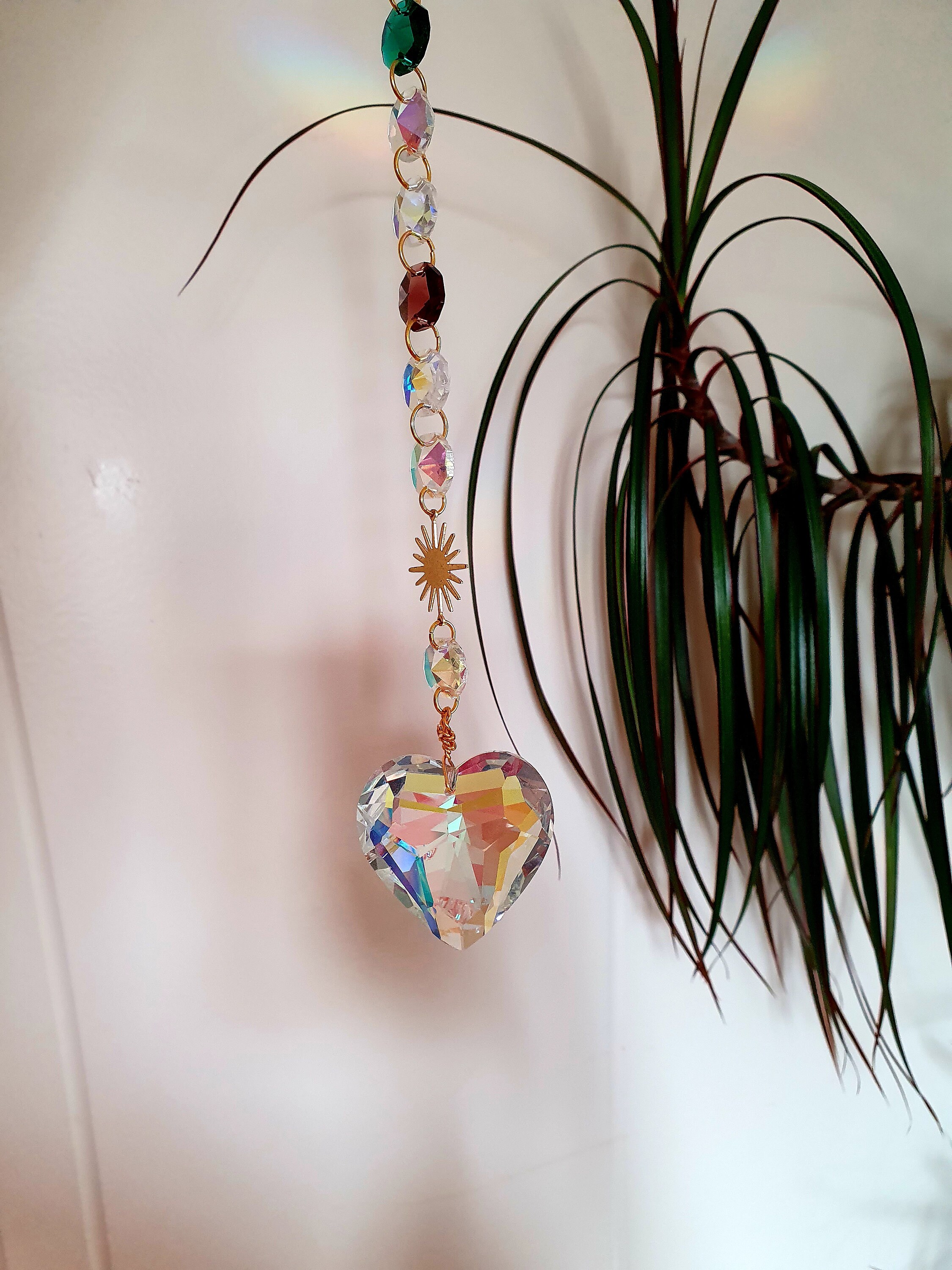 Suncatcher Coeur en Cristal et Perles Ab | Aurore Boréales à Suspendre Une Fenêtre - Un Cadeau Pour 