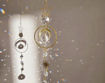 Moon Crystal Suncatcher MINISTAR – Feng Shui Rainbow Maker – Celestial Window Hanging – Handmade Gift for Her