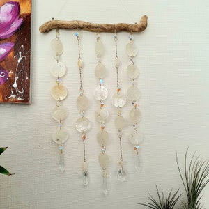 Mobile wood and crystal suncatcher with Capiz shells - Nature decoration to hang for a zen interior - Sea decor