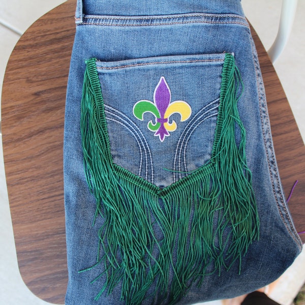 Mardi Gras Fringe Jeans | Fringe Jeans New Orleans Style | Mardi Gras Embellished Jeans | Custom Made Skinny Jeans