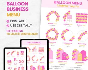 Editable Balloon Menu Mockup Template, Party Decor Price List, Balloon Pricing Brochure, Pink & Yellow Balloon Business Branding Canva