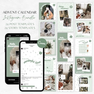 Pakiet świąteczny Instagram Zielony, Szablon kalendarza adwentowego na Instagramie, Szablony postów i historii świątecznych, Pakiet marketingowy na Instagramie na święta