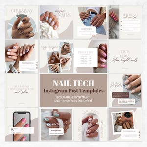 Publicaciones de Instagram sobre tecnología de uñas, plantillas elegantes de Instagram para uñas en beige, contenido de uñas para Instagram, plantillas de publicaciones de Instagram cuadradas y verticales