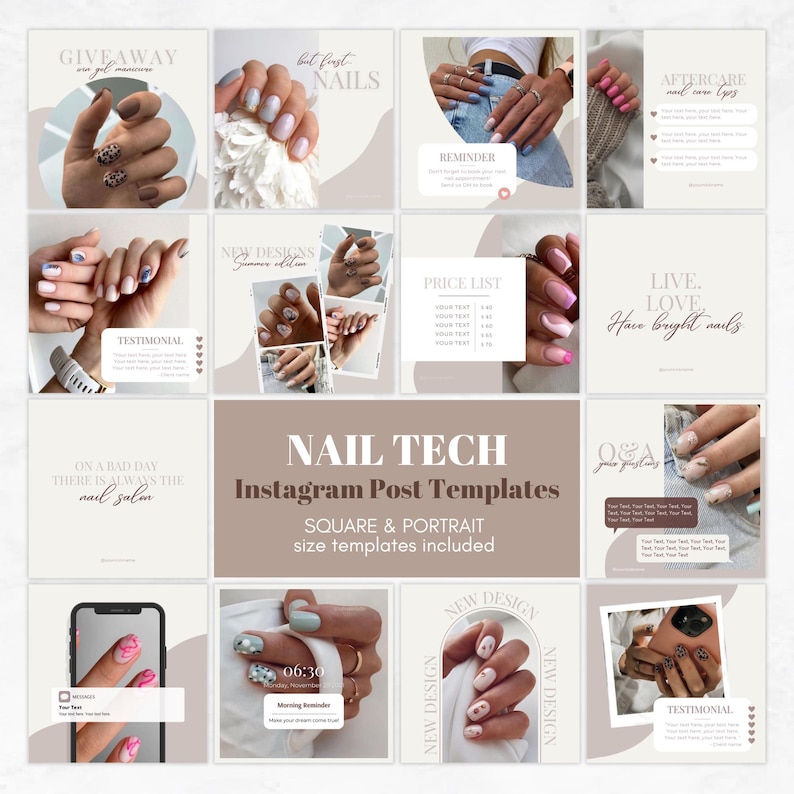 Nail Tech Instagram Posts, Elegant Nails Instagram Templates Beige, Nails Content Instagram, Instagram Post Templates Square and Portrait image 1