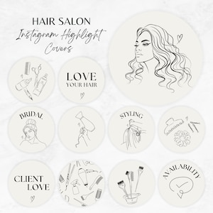 Puede incluir: Nueve ilustraciones en blanco y negro para los momentos destacados de las historias de Instagram. Las ilustraciones incluyen una mujer con el pelo largo, herramientas para peinar el cabello, un secador de pelo, un cepillo para el cabello, una pinza para el cabello, una coleta para el cabello, un tazón para teñir el cabello y el texto "BRIDAL", "LOVE YOUR HAIR", "STYLING", "CLIENT LOVE" y "AVAILABILITY".
