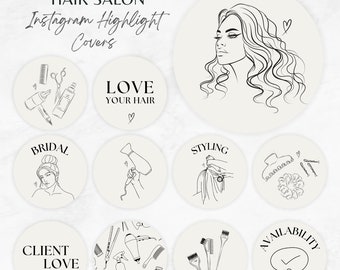 Puede incluir: Nueve ilustraciones en blanco y negro para los momentos destacados de las historias de Instagram. Las ilustraciones incluyen una mujer con el pelo largo, herramientas para peinar el cabello, un secador de pelo, un cepillo para el cabello, una pinza para el cabello, una coleta para el cabello, un tazón para teñir el cabello y el texto "BRIDAL", "LOVE YOUR HAIR", "STYLING", "CLIENT LOVE" y "AVAILABILITY".