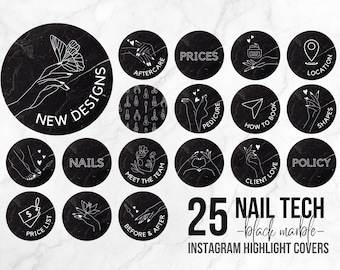 Black Marble Nail Tech Instagram Highlight Covers (25 Icons) (PNG, PDF)
