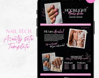 May include: A black smartphone screen displays a nail studio template with pink accents. The template includes the text "MOONLIGHT Nails studio" and "MANICURE | PEDICURE." Images showcase manicured nails and feet. The text "NAIL TECH Acuity site Template" is also visible.