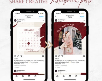 May include: Two black smartphones displaying Instagram posts from byakdesigns. The left screen shows a December calendar with the text 4 days left... until Christmas! The right screen shows a photo of a person in a coat with the text Christmas mood.