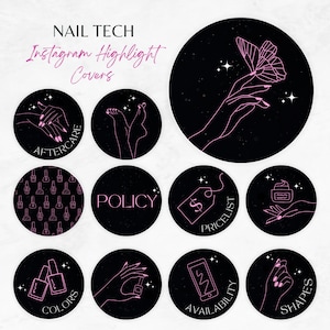 Instagram Highlight Covers Nails, Nail Tech Instagram Highlights, Black Pink Sparkle Highlight Icons, Instagram Nail Tech Template, IG nails