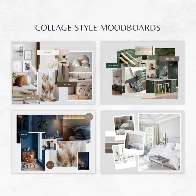 May include: Four mood boards with different color palettes and design elements for interior design inspiration. The boards feature images of furniture, lighting, and decor in shades of green, brown, blue, and gray.