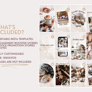 May include: A collection of 24 editable Instagram story templates featuring Christmas-themed imagery, including hot cocoa, holiday decor, cookies, and gift wrapping. The text reads WHAT'S INCLUDED? 24 EDITABLE INSTA TEMPLATES, 1080X1920.