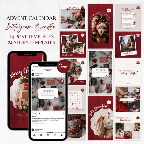 Weihnachten Instagram Bundle Rot, Instagram Template Adventskalender, Weihnachts Post und Story Vorlagen, Urlaub Instagram Marketing Bundle