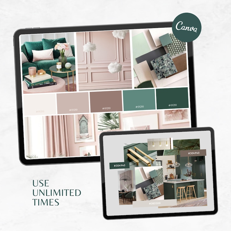 May include: A digital design board with a green, pink, and gold color palette. The board includes images of furniture, decor, and paint swatches. The text "USE UNLIMITED TIMES" is displayed at the bottom of the board.