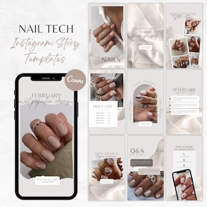 以下が含まれることがあります： ネイルテクニシャン向けのInstagramストーリーテンプレート。テンプレートには、さまざまなデザインの整えられた爪の画像と、「2月の最も人気のあるデザイン」、「価格表」、「新しいデザイン」、「Q&A」、「アフターケアネイルケアのヒント」、「予約方法」などのテキストが含まれています。