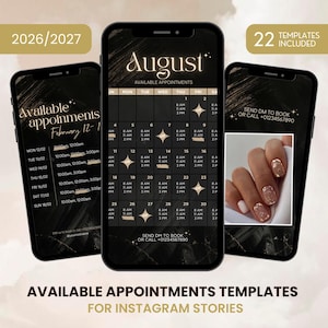 Op de afbeelding: Drie smartphoneschermen met digitale afspraaktemplates voor 2026/2027. De zwarte achtergronden bevatten gouden penseelstreekaccenten, kalenderroosters en tekst zoals August, Available Appointments en Send DM to book or call 01234567890.