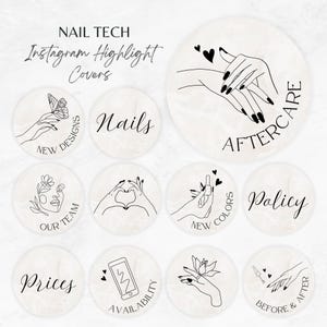 Könnte beinhalten: Set aus neun Instagram-Highlight-Covern mit Marmoreffekt-Hintergrund. Jeder Kreis zeigt eine schwarze Strichzeichnung zum Thema Nagelpflege, mit Text wie "Nails", "Aftercare" und "New Designs". Die Wörter "Nail Tech" und "Instagram Highlight Covers" stehen oben.