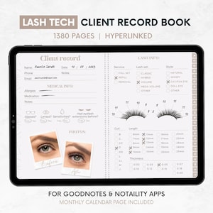Digital Client Record Book, Lash Tech Client Records, Goodnotes Lash Tech Planner, Hyperlinked Eyelash Extensions Planner, Monthly Calendar