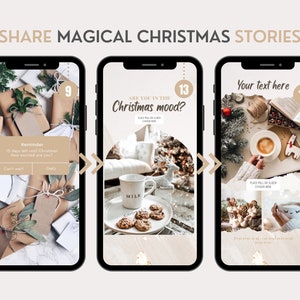 May include: Three smartphone screens displaying social media story templates with Christmas themes. The designs feature gift-wrapped packages, a milk mug with cookies, and festive holiday imagery with text overlays like "Are you in the Christmas mood?"