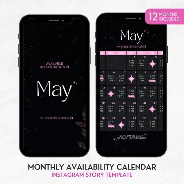 Instagram Story Calendar, Black and Pink Availability Calendar Instagram Template, Nail Tech Calendar, Lash Appointment, Weekly Schedule