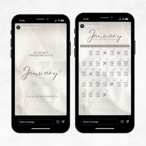 May include: Two smartphone screens displaying a calendar for January appointments. The first screen shows the text "AVAILABLE APPOINTMENTS IN January" with a heart symbol. The second screen is a calendar with available time slots.